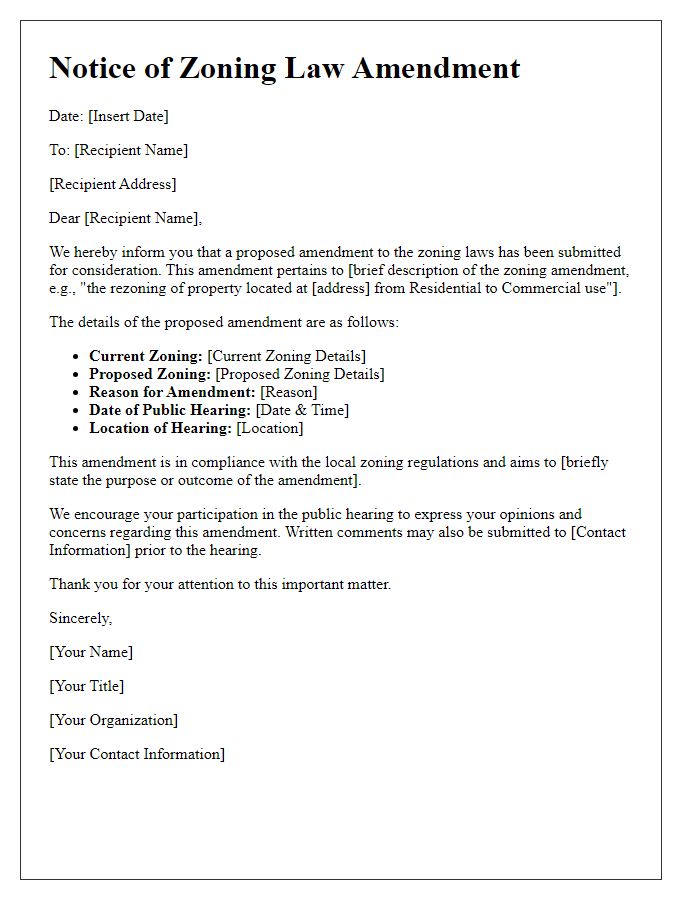 Letter template of zoning law amendment notification