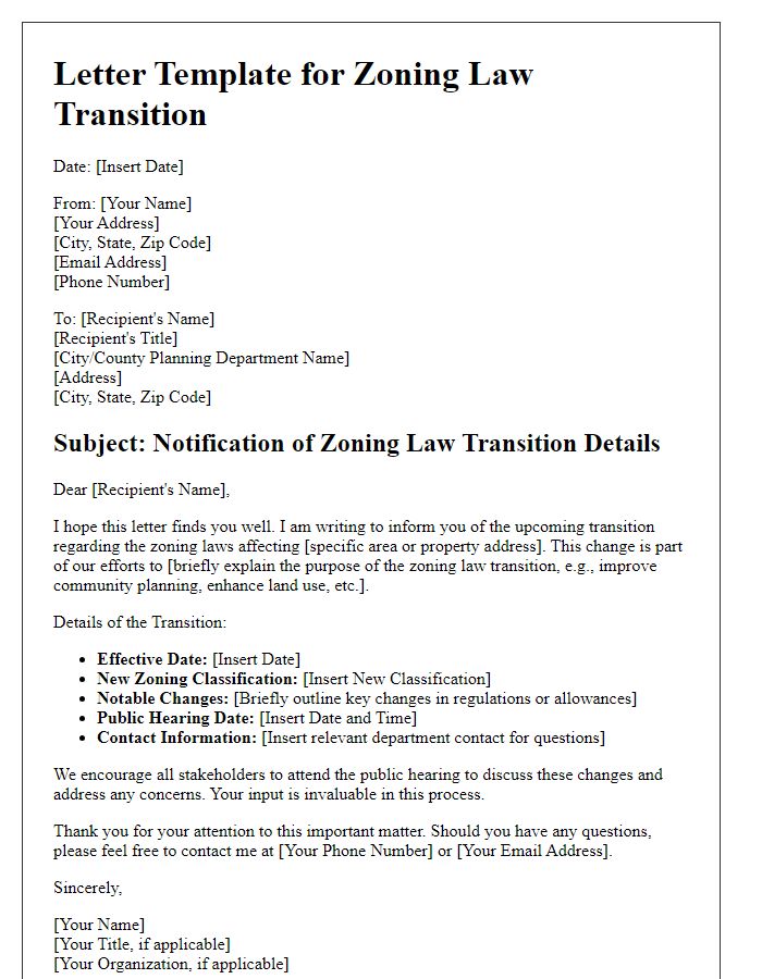 Letter template of zoning law transition details