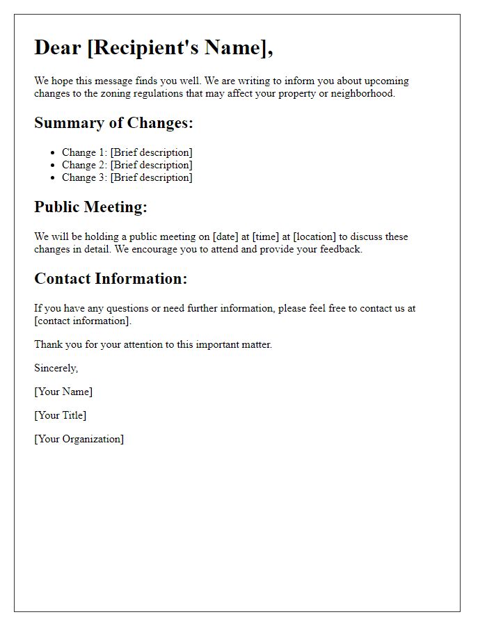 Letter template of zoning regulation changes announcement