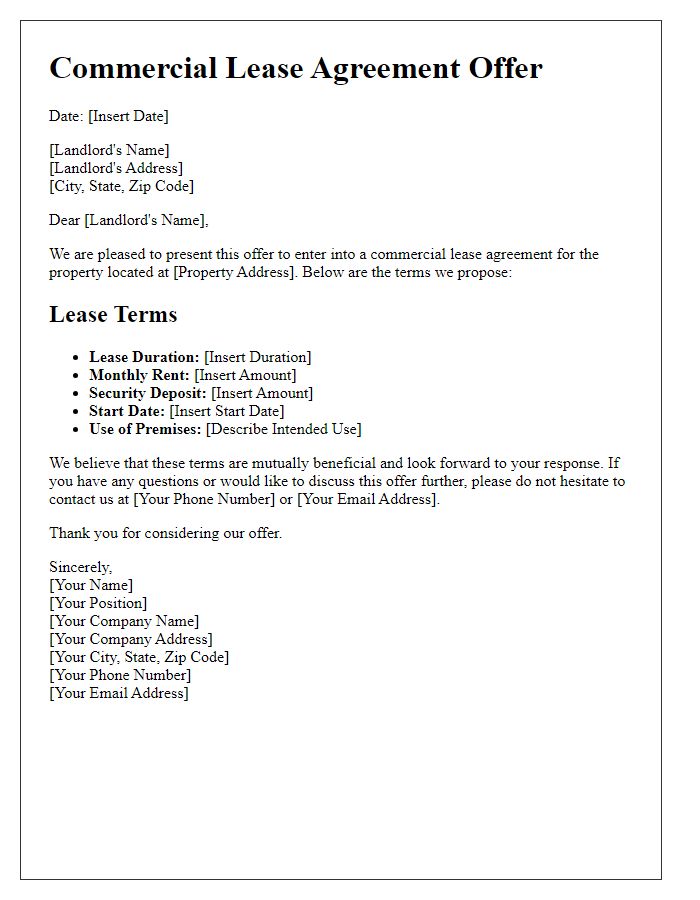 Letter template of commercial lease agreement offer.