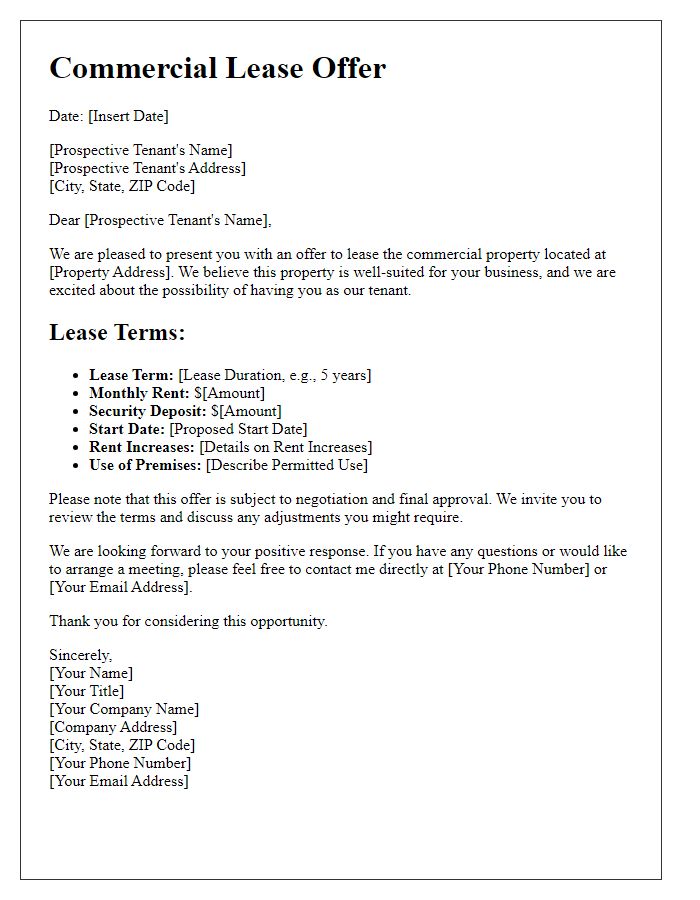 Letter template of commercial lease offer for prospective tenants.