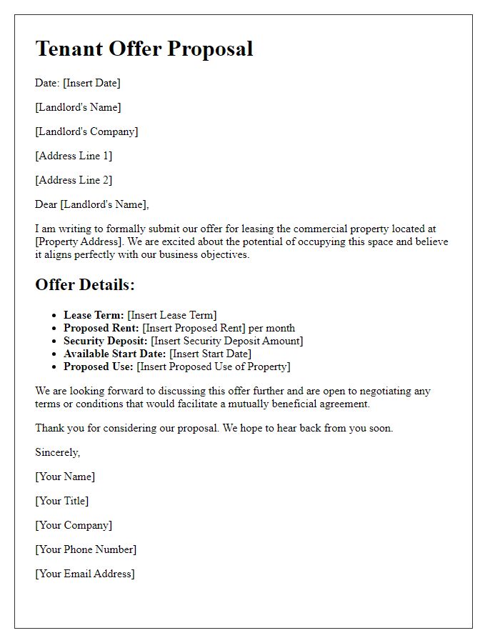 Letter template of commercial real estate tenant offer proposal.