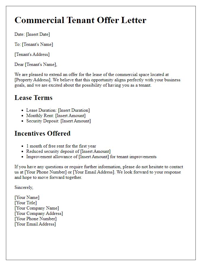 Letter template of commercial tenant offer and incentive details.