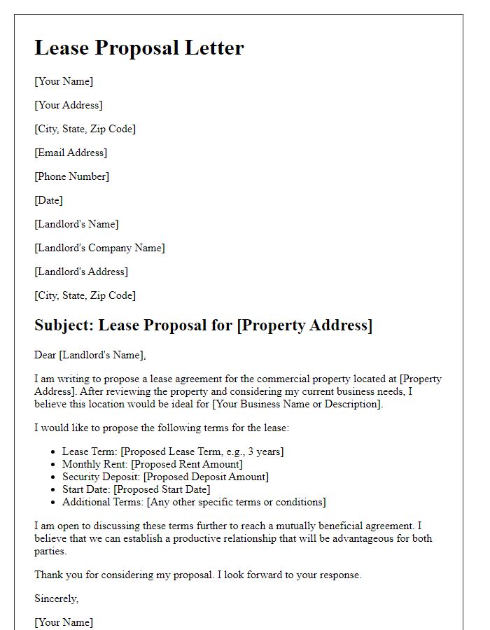 Letter template of lease proposal for commercial properties.