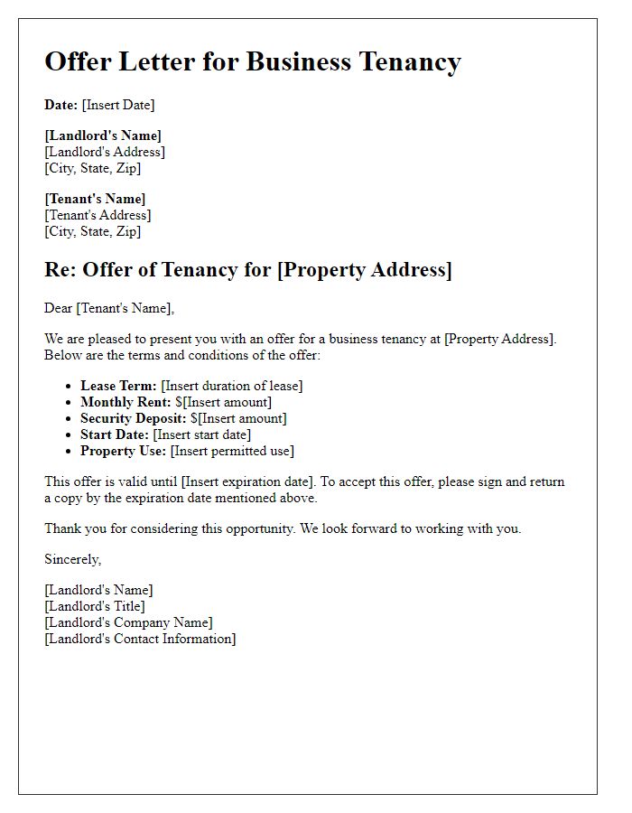 Letter template of offer letter for business tenancy in commercial real estate.