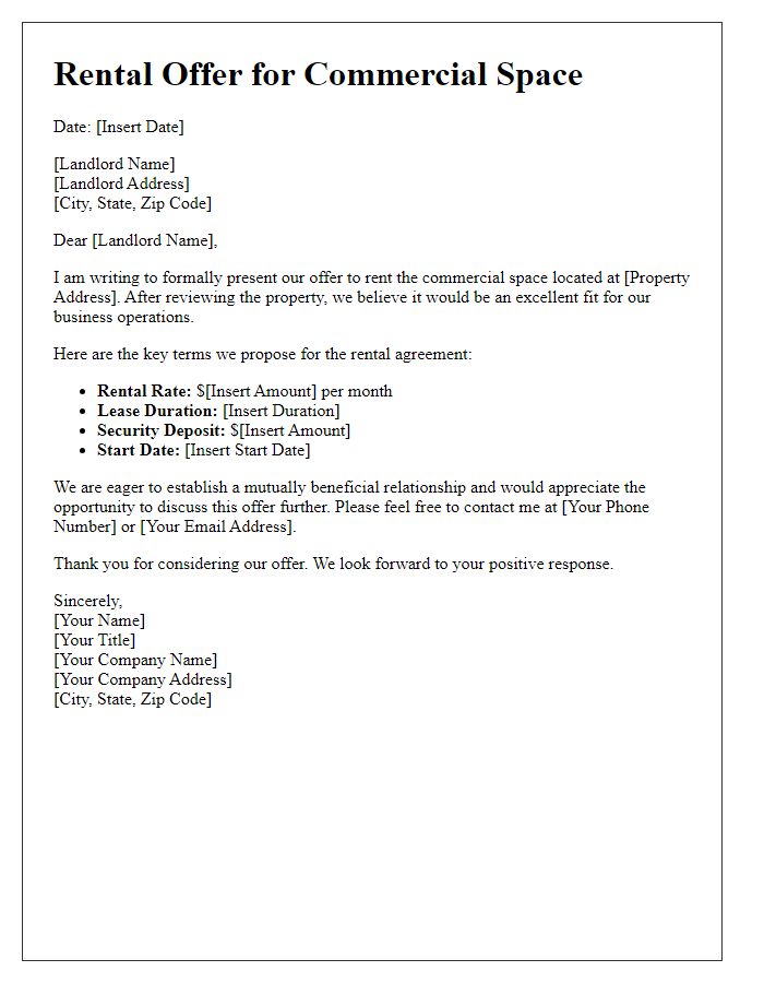 Letter template of rental offer for commercial space consideration.