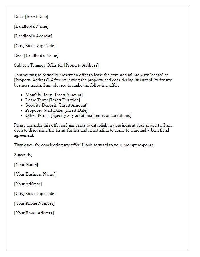 Letter template of tenancy offer in a commercial property setting.