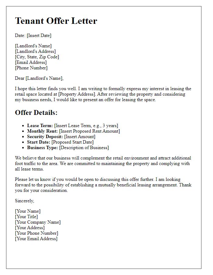 Letter template of tenant offer for retail space leasing.