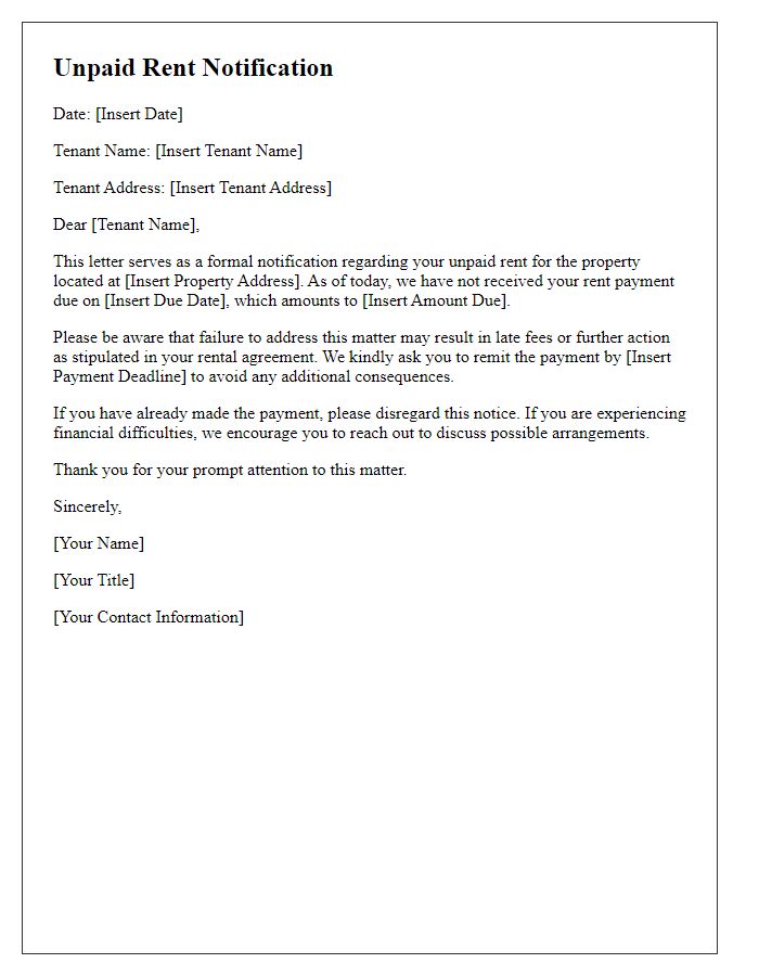 Letter template of unpaid rent notification.