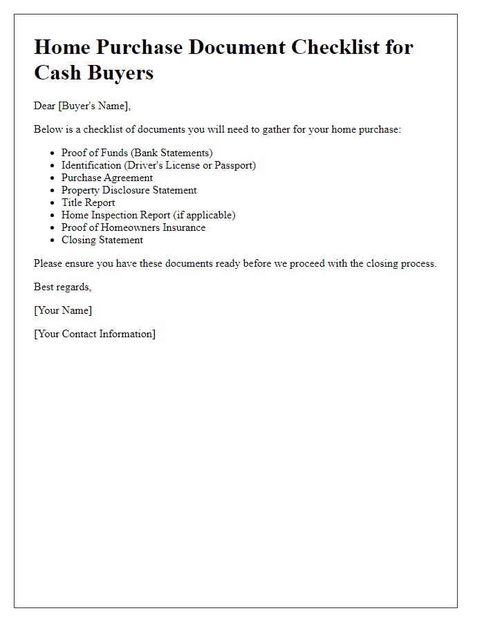 Letter template of home purchase document checklist for cash buyers