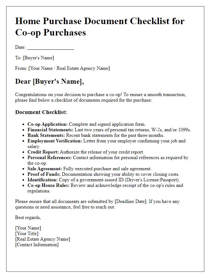 Letter template of home purchase document checklist for co-op purchases