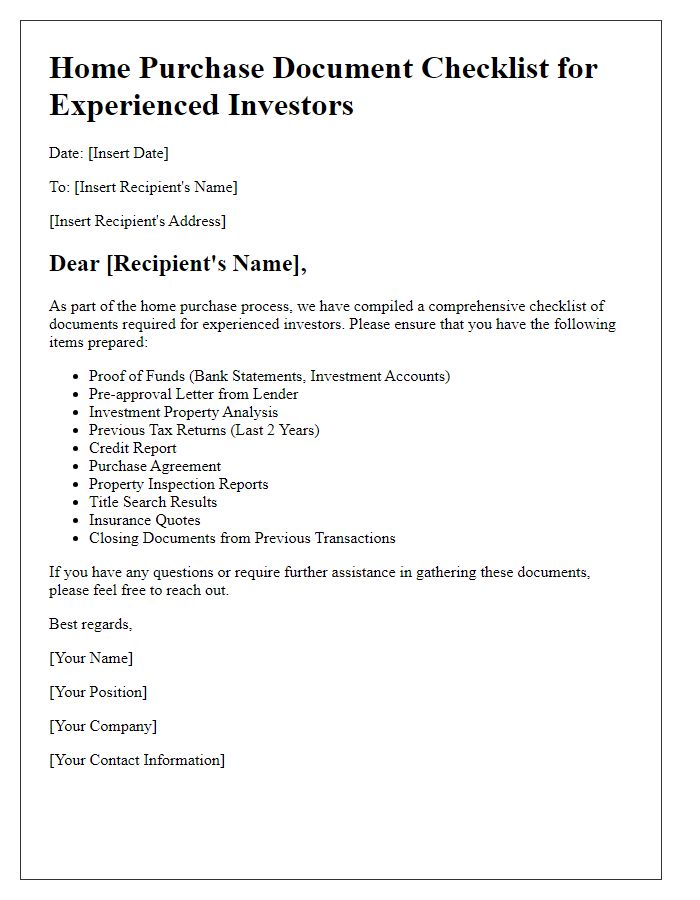 Letter template of home purchase document checklist for experienced investors