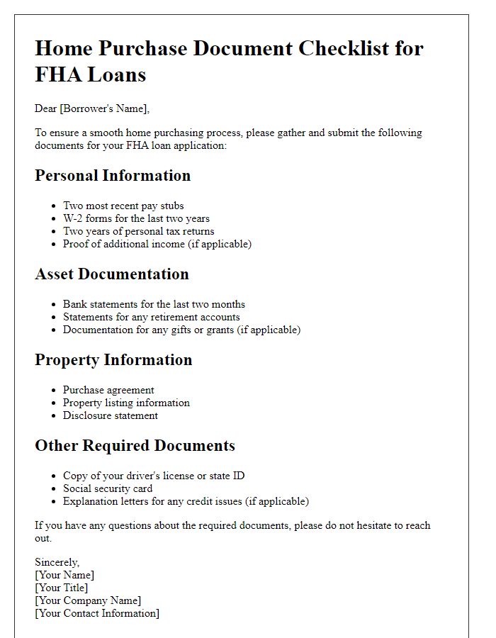 Letter template of home purchase document checklist for FHA loans