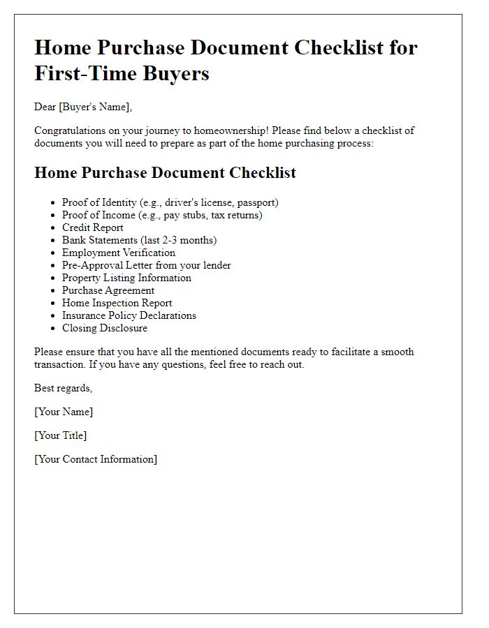 Letter template of home purchase document checklist for first-time buyers