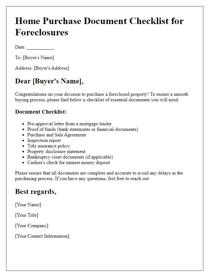 Letter template of home purchase document checklist for foreclosures