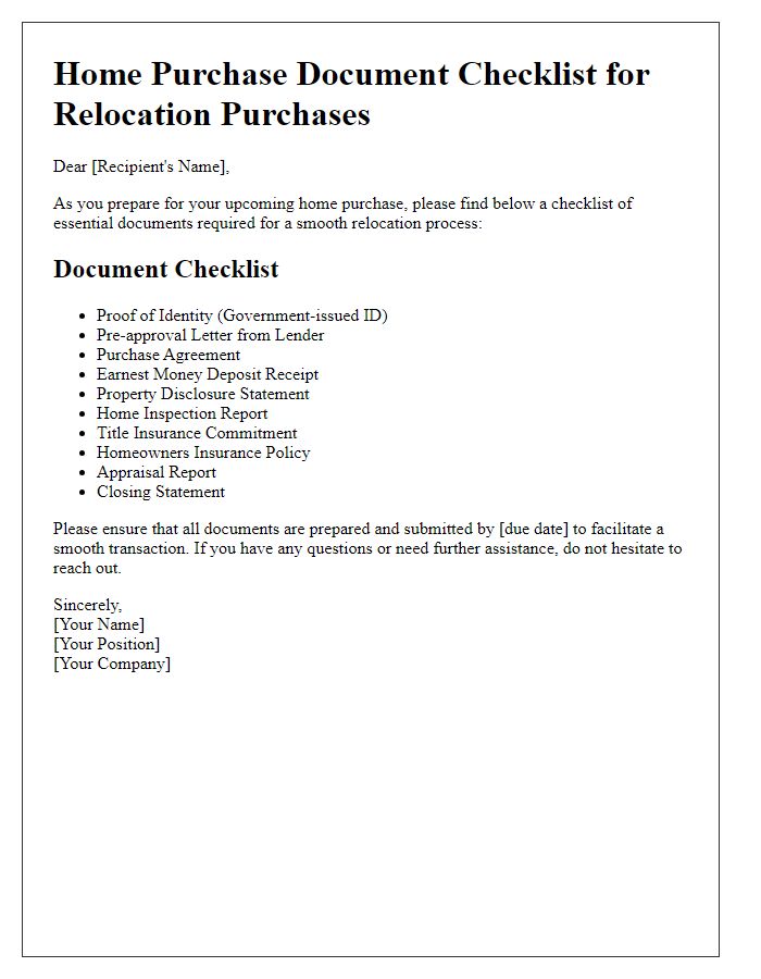 Letter template of home purchase document checklist for relocation purchases