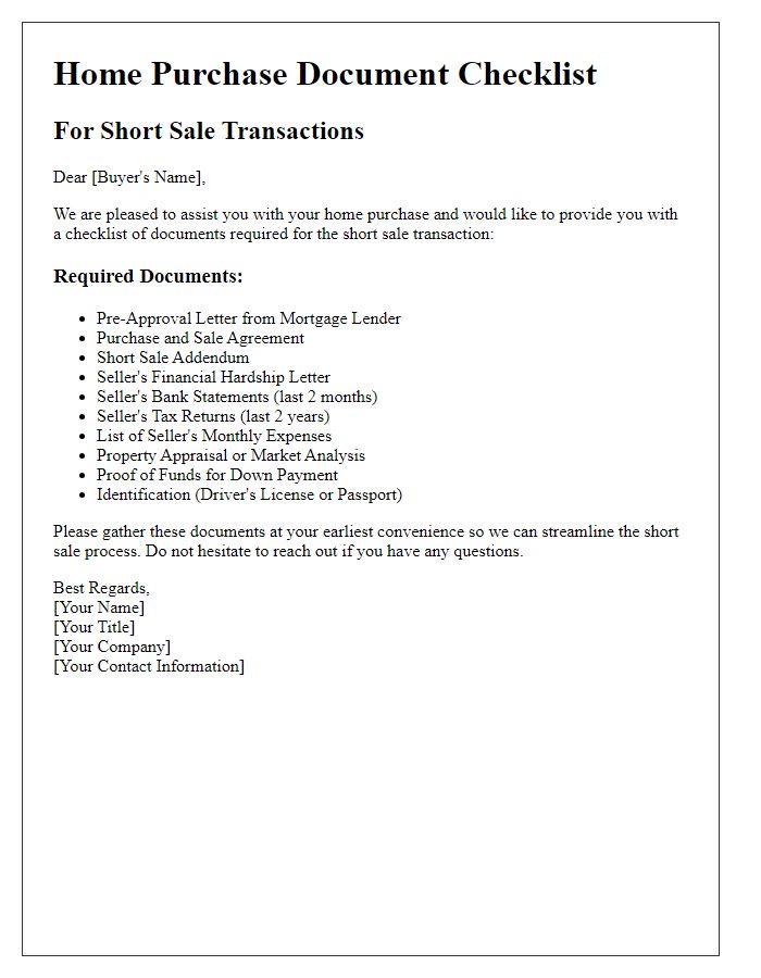 Letter template of home purchase document checklist for short sale transactions