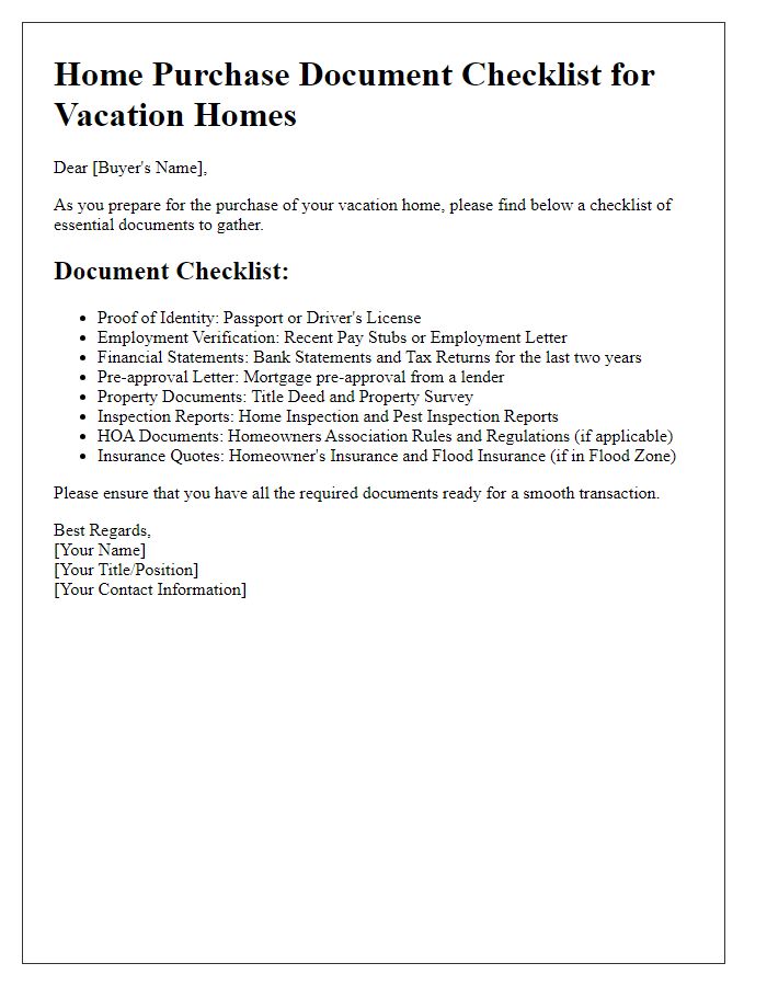 Letter template of home purchase document checklist for vacation homes