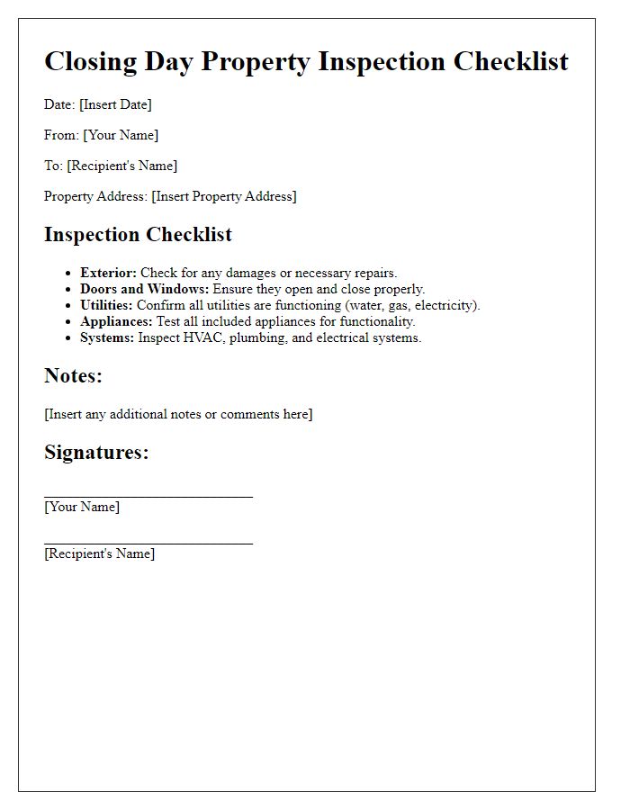 Letter template of closing day property inspection checklist