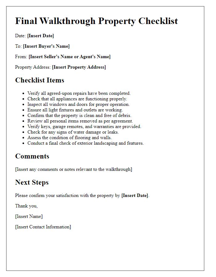 Letter template of final walkthrough property checklist