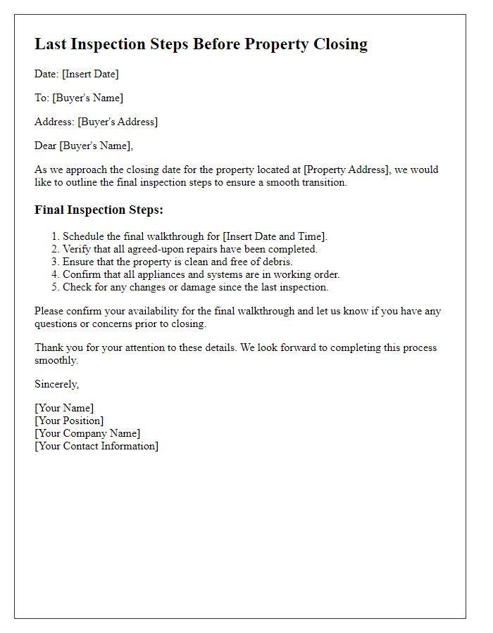 Letter template of last inspection steps before property closing