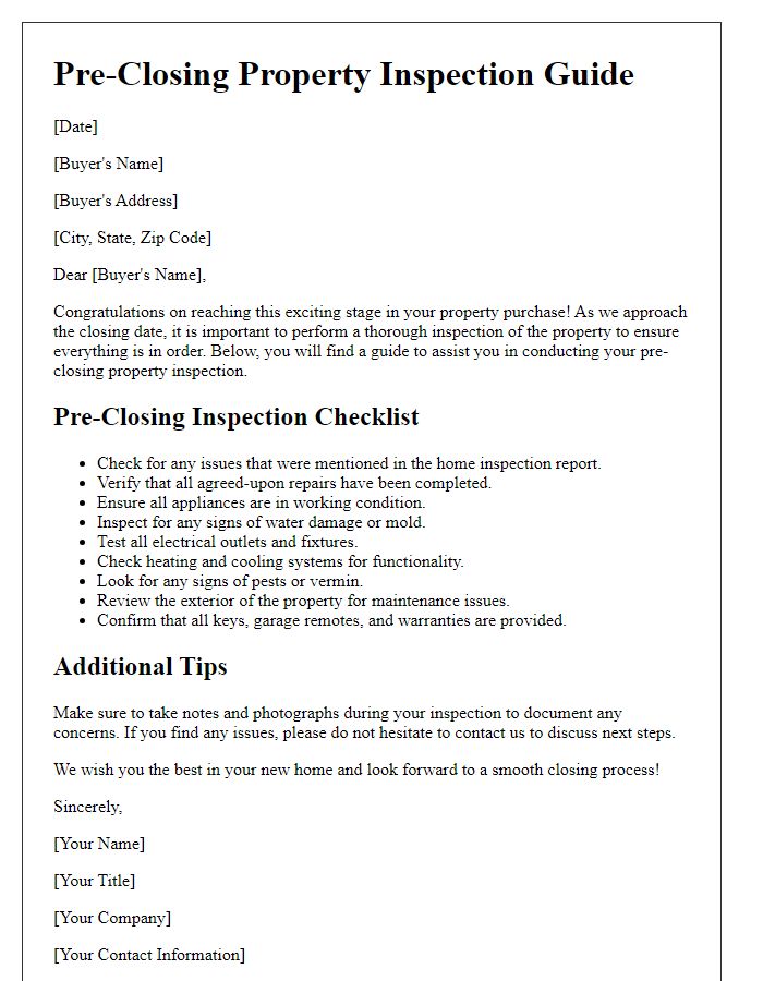 Letter template of pre-closing property inspection guide