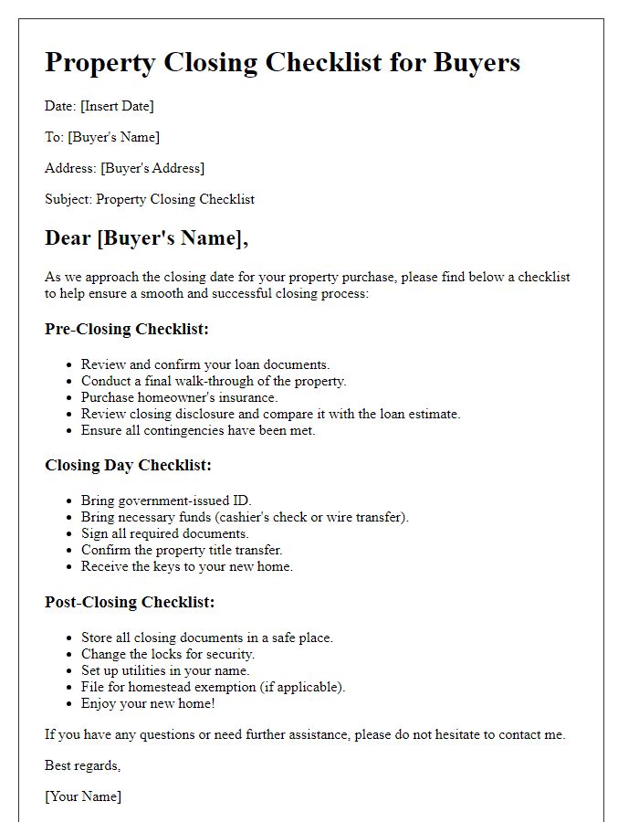 Letter template of property closing checklist for buyers