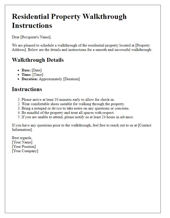 Letter template of residential property walkthrough instructions