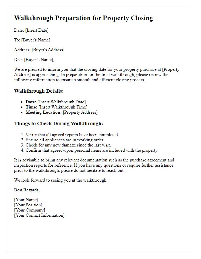 Letter template of walkthrough preparation for property closing