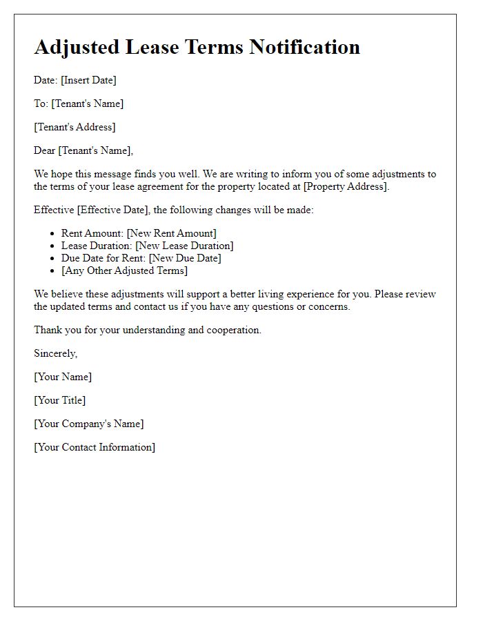 Letter template of adjusted lease terms notification