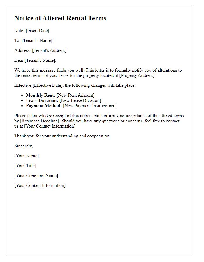 Letter template of altered rental terms communication