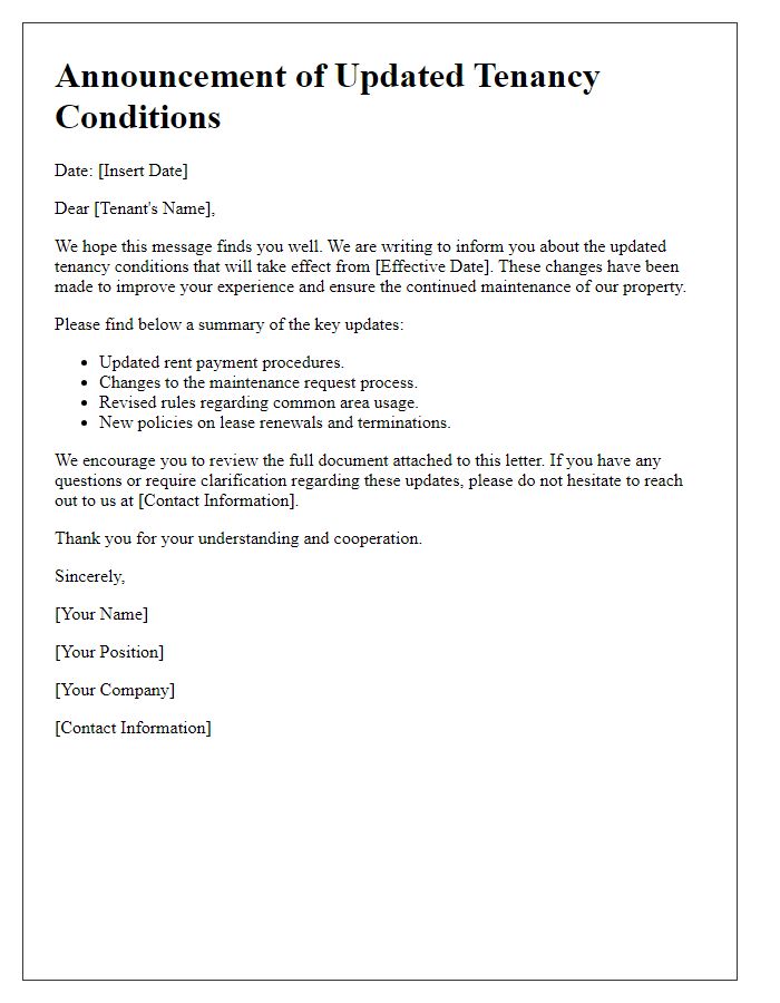 Letter template of updated tenancy conditions announcement