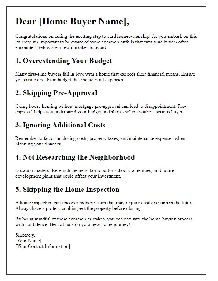 Letter template of common mistakes by first-time home buyers