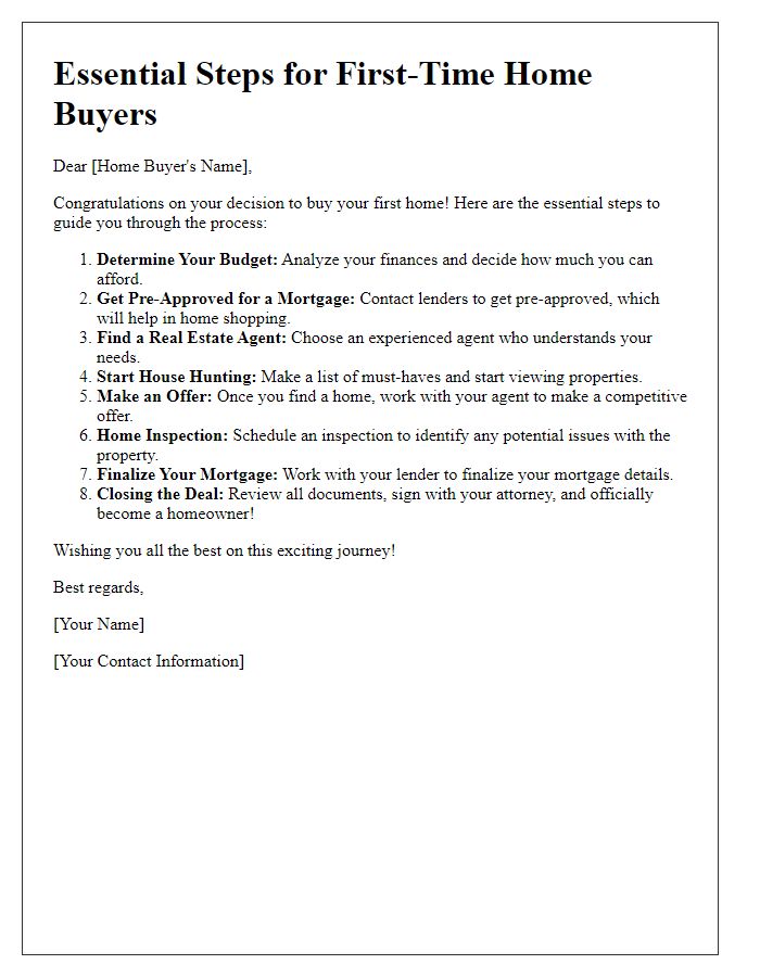 Letter template of essential steps for first-time home buyers