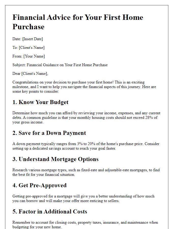 Letter template of financial advice for first-time home purchase