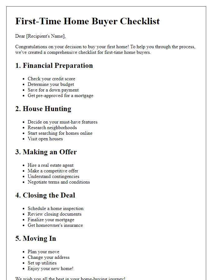 Letter template of first-time home buyer checklist