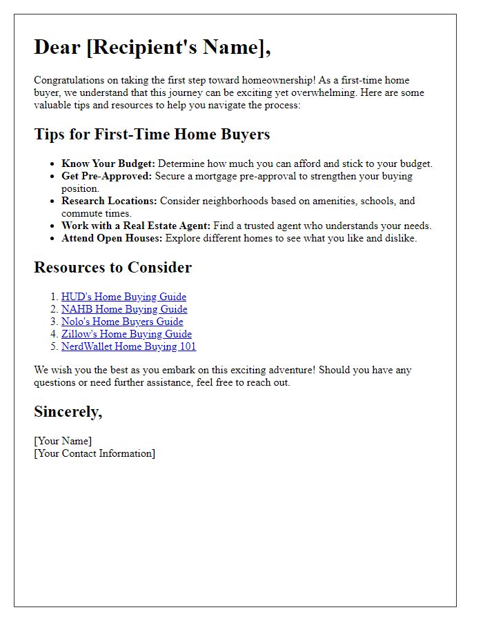 Letter template of first-time home buyer tips and resources