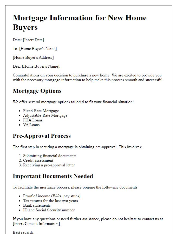 Letter template of mortgage information for new home buyers