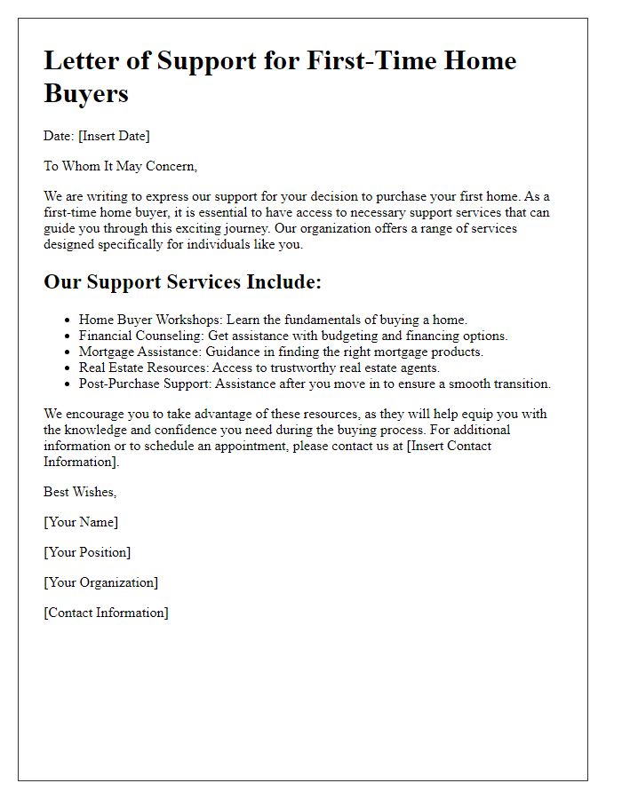 Letter template of support services for first-time home buyers