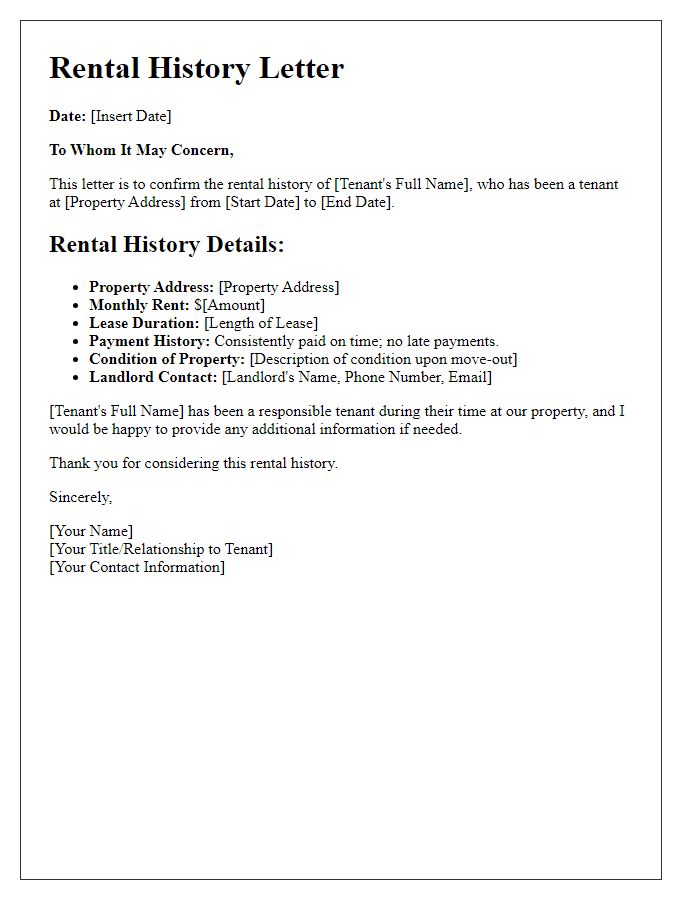 Letter template of detailed rental history for lease applications.