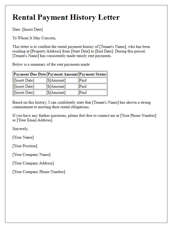 Letter template of history of timely rent payments for prospective tenants.