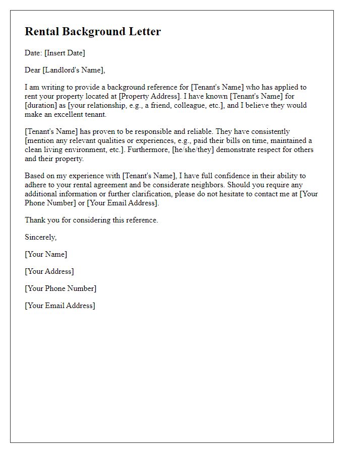 Letter template of rental background letter for landlord reviews.