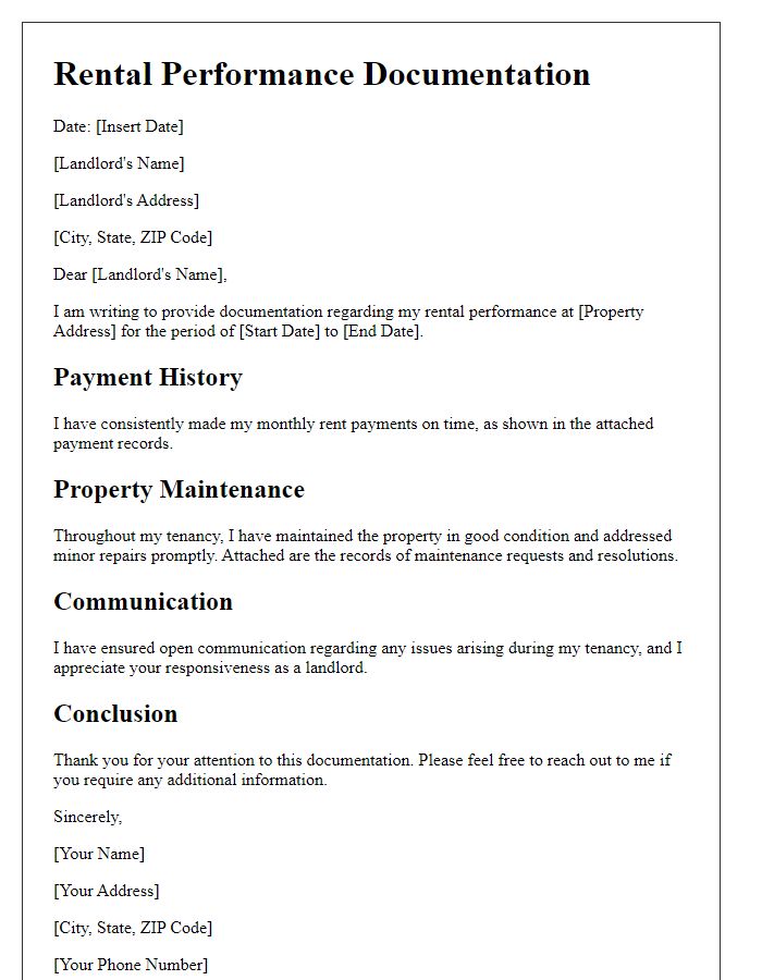 Letter template of rental performance documentation for landlords.