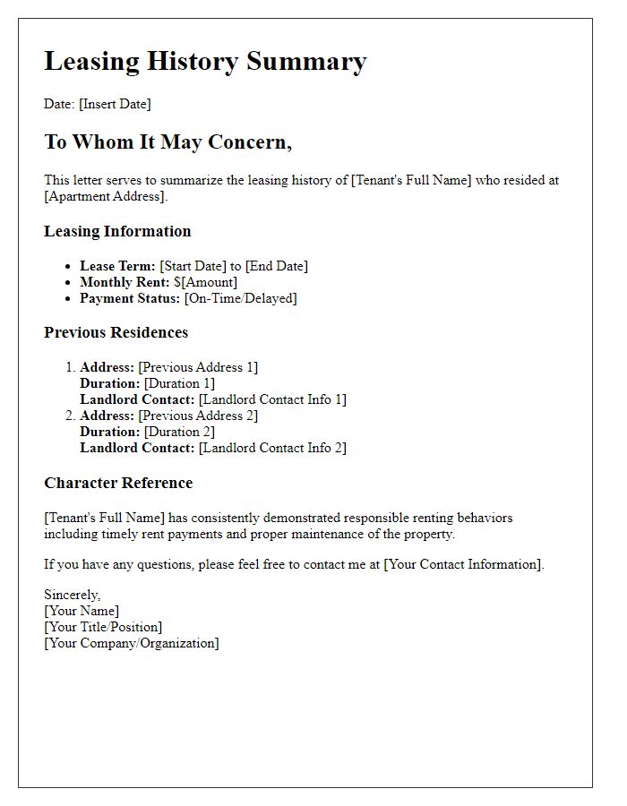 Letter template of summarized leasing history for apartment applications.