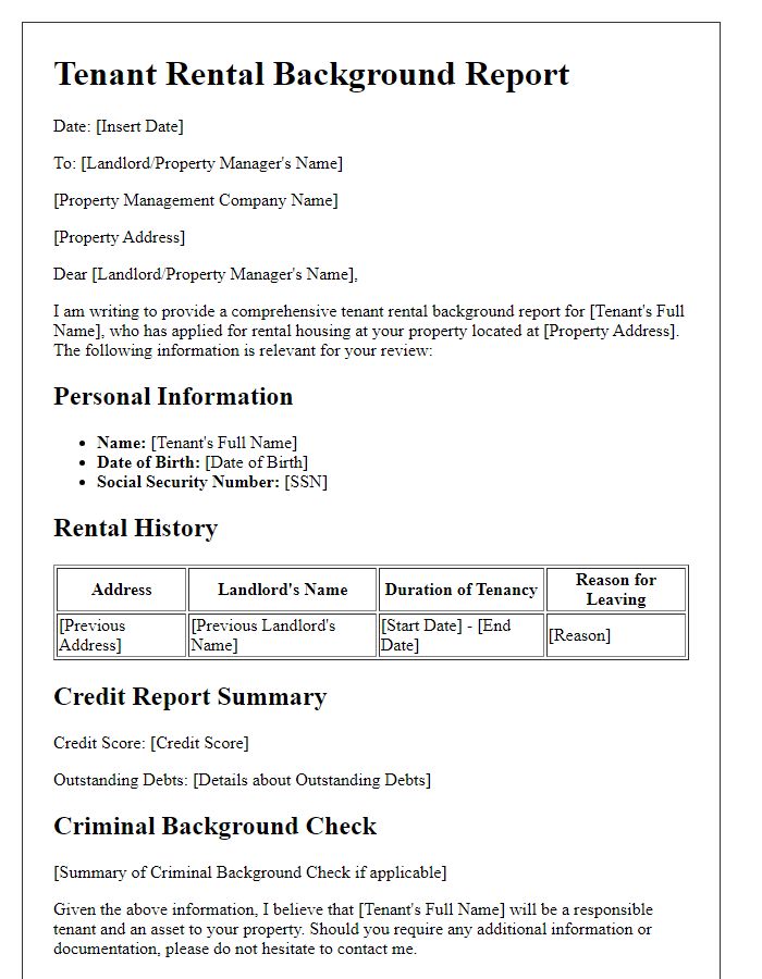 Letter template of tenant rental background report for new housing.