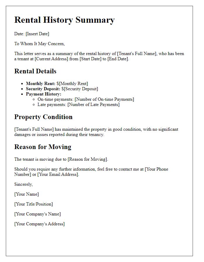 Letter template of tenant rental history summary for potential rentals.