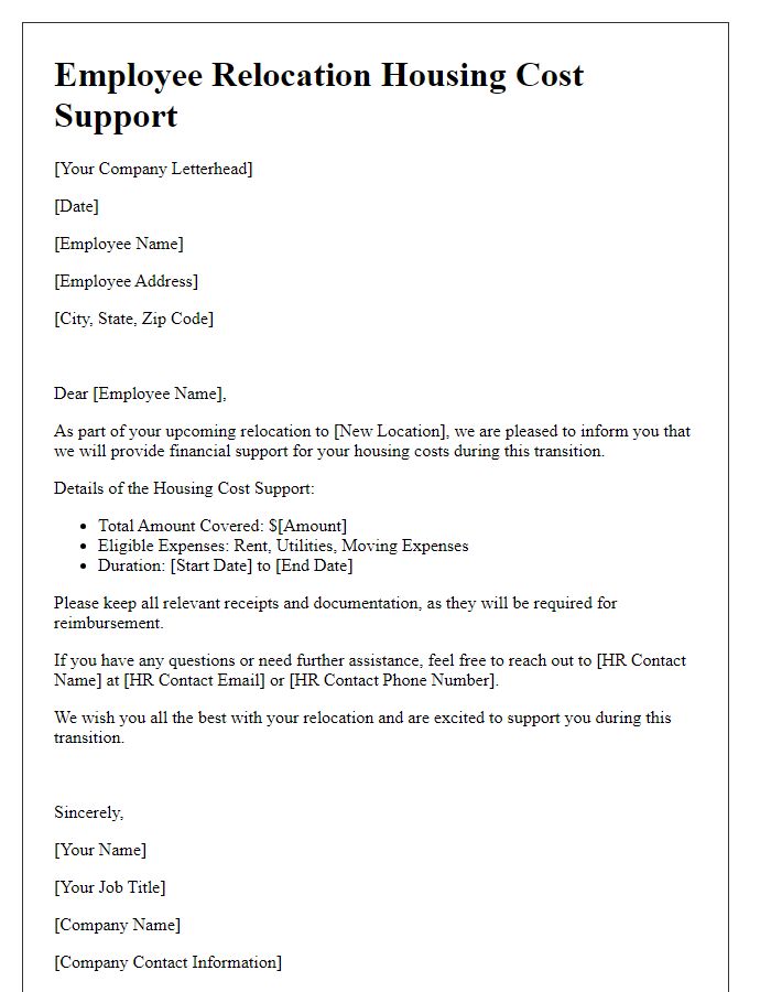 Letter template of employee relocation housing cost support