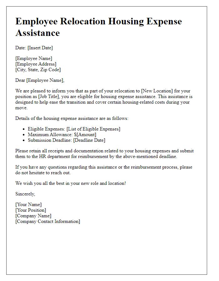 Letter template of employee relocation housing expense assistance