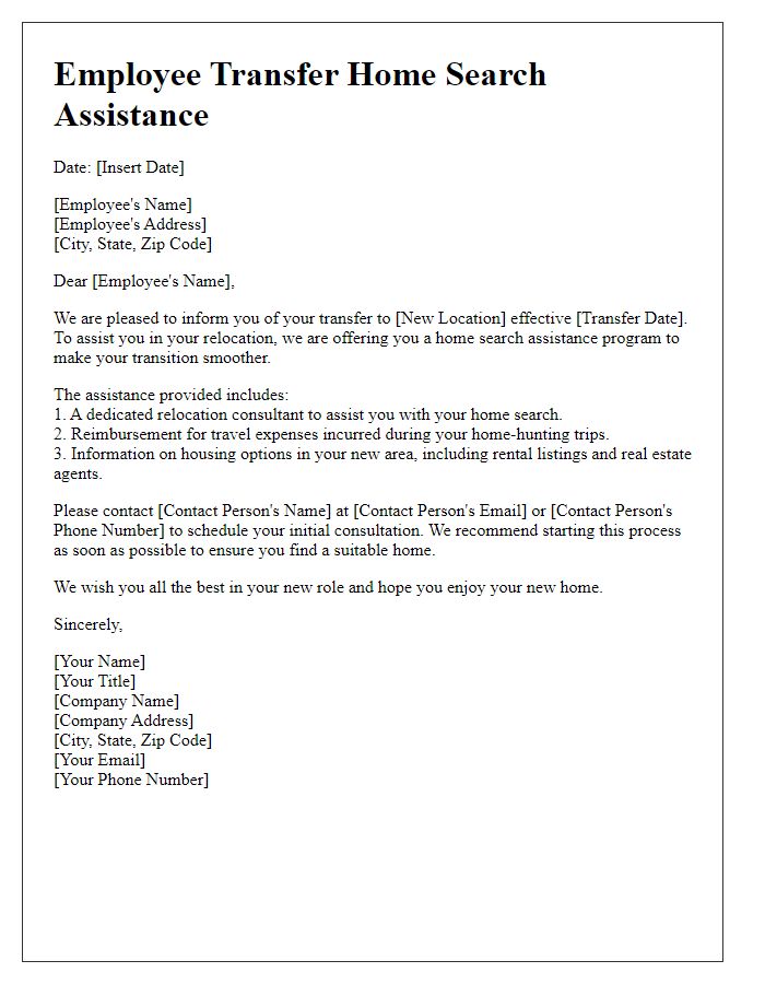 Letter template of employee transfer home search assistance