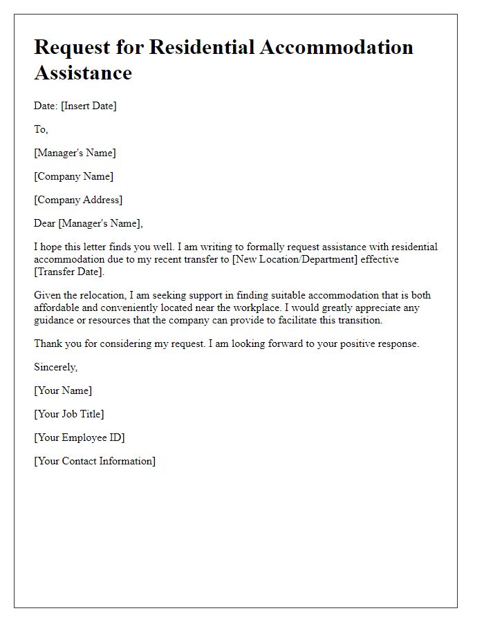 Letter template of employee transfer residential accommodation help